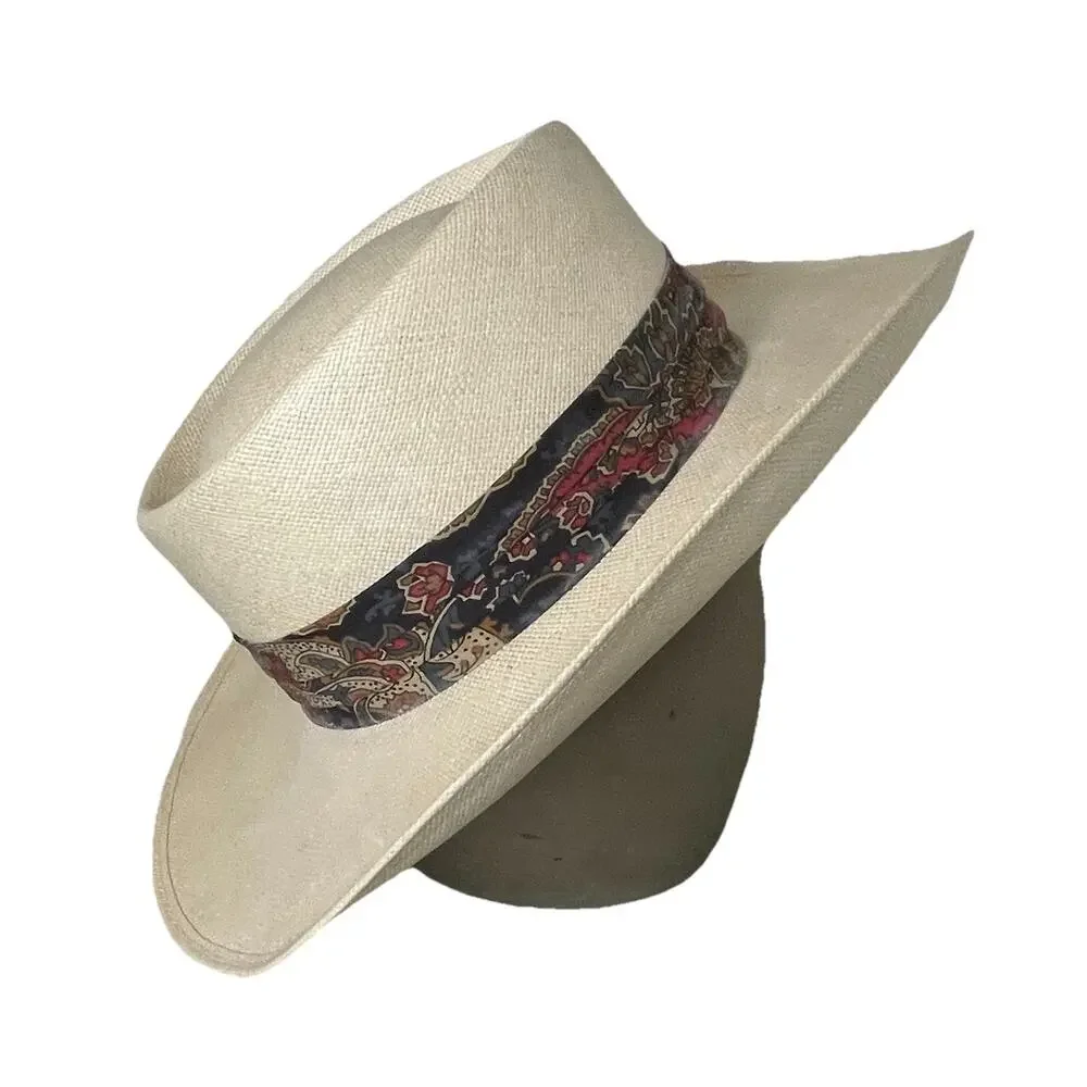 VTG Churchill Ltd Genuine Shantung Straw Panama Hat Size 7 3/8 Paisley Band